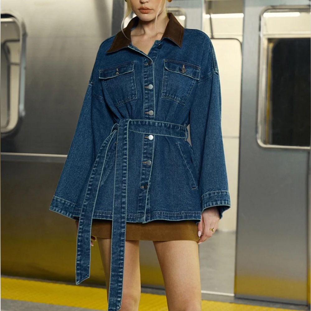 New Commense Denim Belted Lapel Jacket with tags